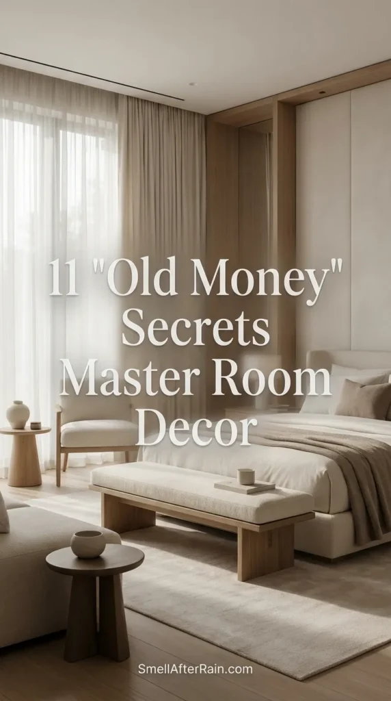 A sophisticated master bedroom interior featuring rich wood furniture, high-quality neutral bedding, and vintage gold accents. The space illustrates 11 "Old Money" Secrets Master Room Decor, showcasing high-end minimalist tips and timeless luxury layout hacks for a quiet luxury aesthetic.