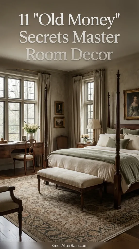 A luxurious master bedroom displaying quiet luxury with antique wood furniture, silk drapes, and a neutral palette. The space illustrates the 11 "Old Money" Secrets Master Room Decor, featuring timeless interior design rules and a high-end minimalist layout.