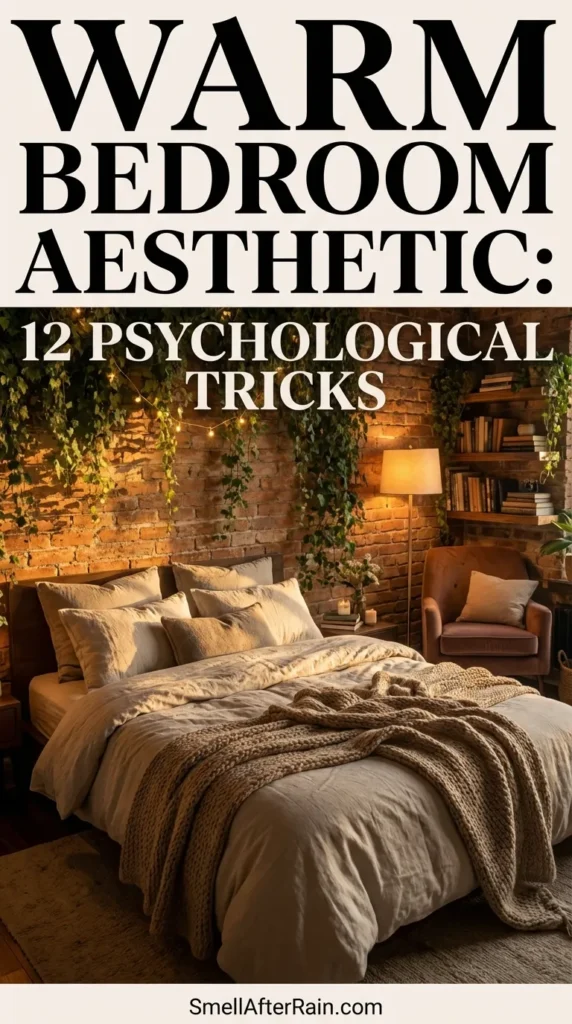 High-angle view of a cozy bedroom featuring exposed brick walls covered in hanging ivy plants and illuminated by warm fairy lights. The room includes a wooden desk with a laptop and a bed with layered grey linens on a round jute rug, perfectly illustrating the Warm Bedroom Aesthetic: 12 Psychological Tricks for creating a calming and inviting sanctuary.