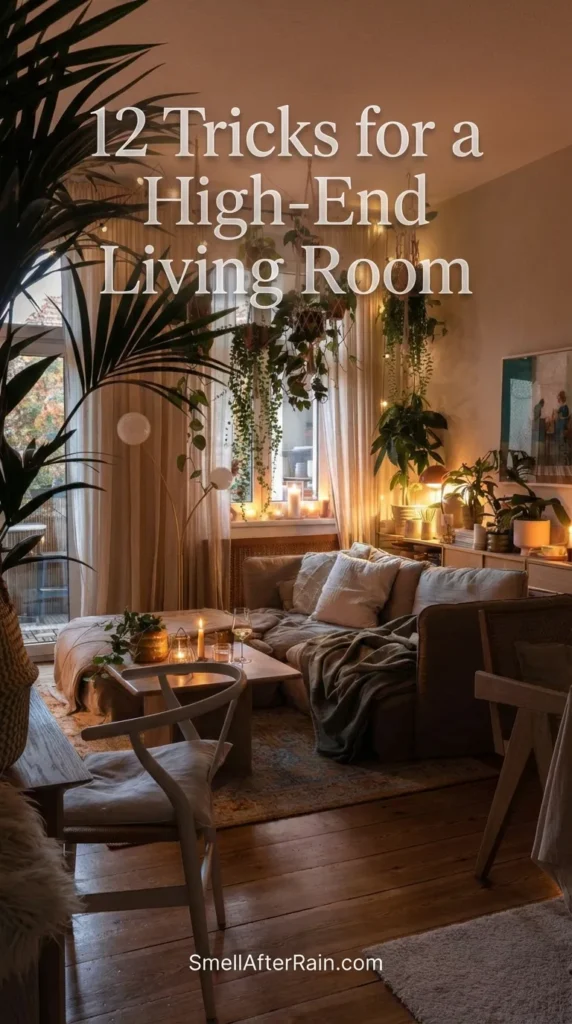 A cozy, atmospheric living room filled with hanging plants and warm string lights, featuring a comfortable sectional sofa and wooden floors. This space illustrates 12 Tricks for a High-End Living Room by utilizing ambient lighting and botanical elements to achieve affordable luxury and contemporary living room design.