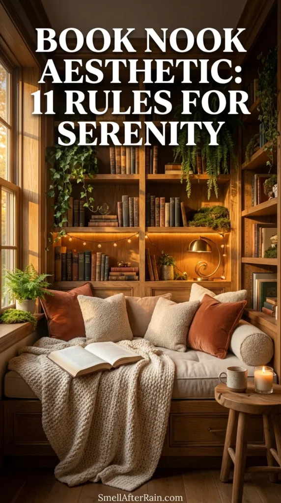 A warm and inviting reading alcove demonstrating the Book Nook Aesthetic: 11 Rules for Serenity. The space features built-in wooden shelves filled with books and fairy lights, a bench seat with rust and plaid throw pillows, a chunky knit blanket, and a brass reading lamp. A wicker basket of books and a small side table with a candle complete the cozy atmosphere.