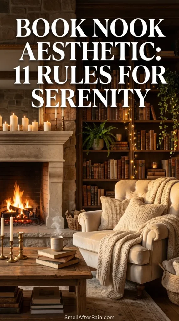 A warm and cozy home library featuring floor-to-ceiling wooden bookshelves filled with books and trailing green plants. String lights and candles provide soft illumination over a green velvet sofa with textured knit blankets. The scene represents the Book Nook Aesthetic: 11 Rules for Serenity, showcasing biophilic design, rustic wooden furniture, and a vintage rug for a perfect reading sanctuary.