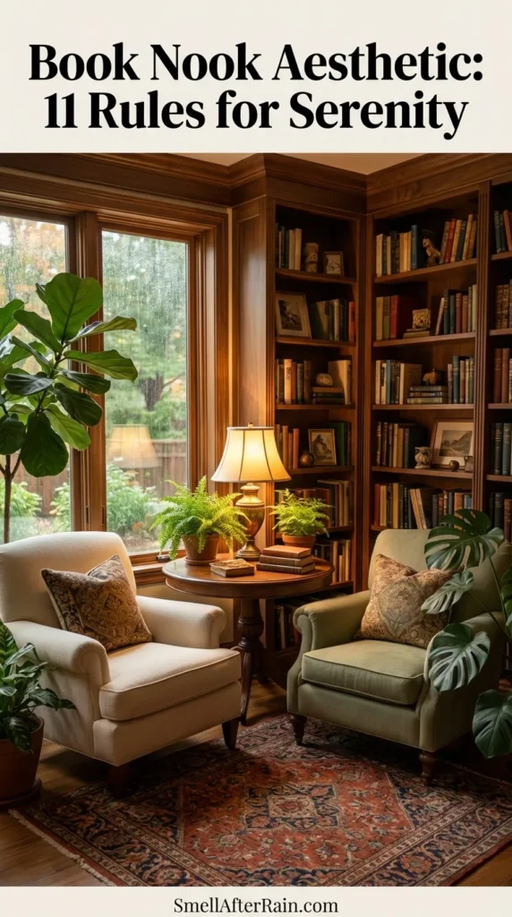 A cozy reading corner featuring floor-to-ceiling white bookshelves filled with books and two beige armchairs facing each other. Warm lamp lighting creates a soft glow against large windows with a view of greenery outside. Potted plants and a vintage patterned rug complete the Book Nook Aesthetic: 11 Rules for Serenity, illustrating biophilic design and the psychology of refuge for book lovers.