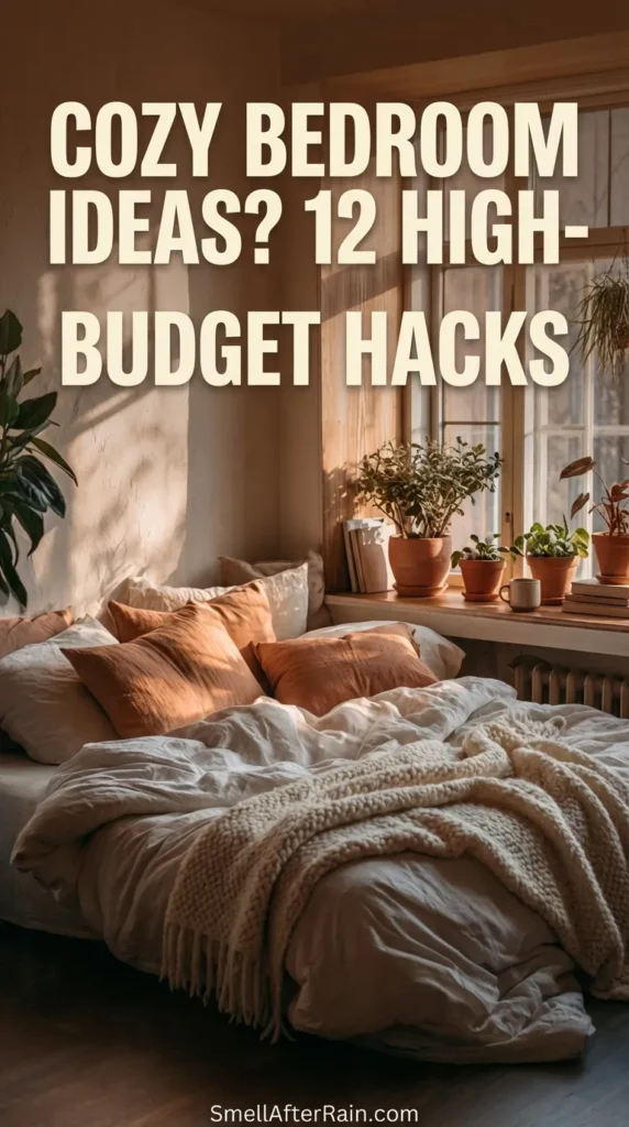 A warm, sun-drenched bedroom featuring unmade linen bedding in beige and white tones. Sunlight streams through a large window with a wooden frame, highlighting potted plants on the sill and casting shadows on the wall. The image represents Cozy Bedroom Ideas? 12 High-ROI Budget Hacks for creating a peaceful and aesthetic sleeping sanctuary.