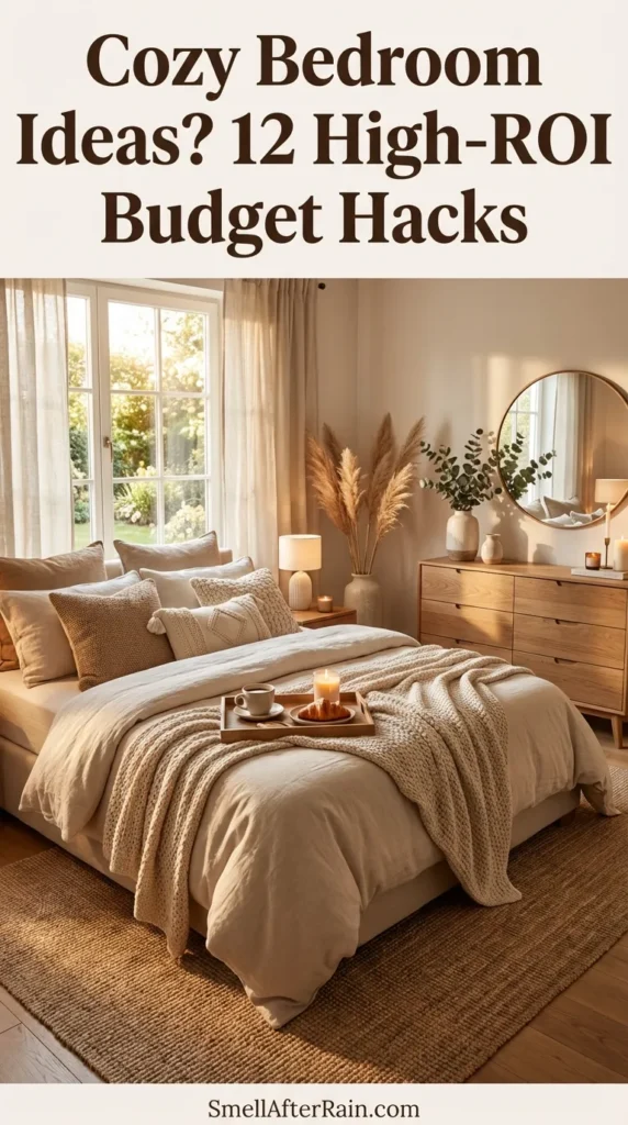 A warm, sunlit bedroom scene featuring white bedding, a wooden breakfast tray with coffee, and a rattan pendant light, showcasing Cozy Bedroom Ideas? 12 High-ROI Budget Hacks. An open book rests on a jute rug near a wooden nightstand with flowers, creating a peaceful morning atmosphere.