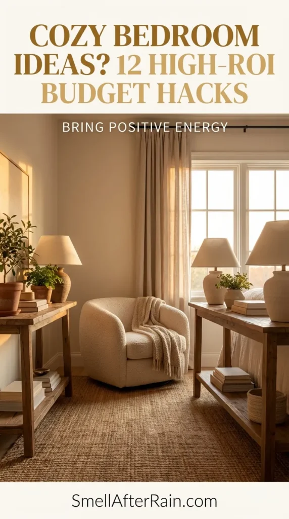 A bright and airy bedroom featuring a white dresser, a beige armchair, and green plants under warm lamp lighting. The image text discusses Feng Shui Dos and Don'ts, serving as visual inspiration for Cozy Bedroom Ideas? 12 High-ROI Budget Hacks to improve room energy and comfort.