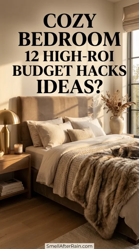 A warm and inviting bedroom scene featuring a wooden headboard, soft beige linens, and a sleeping cat nestled in a faux fur throw. The room is illuminated by warm bedside lamps and candles, showcasing Cozy Bedroom Ideas? 12 High-ROI Budget Hacks like layered textures, sheepskin rugs, and indoor plants.