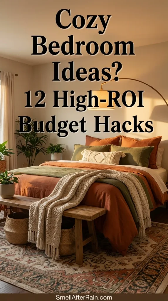 A warm and inviting bedroom featuring an olive green duvet, rust-colored throw pillows, and floor-to-ceiling brown curtains. A woven wooden bench sits at the foot of the bed on a vintage rug, surrounded by potted plants and natural light. This setup is a perfect example of Cozy Bedroom Ideas? 12 High-ROI Budget Hacks using natural textures and warm colors.