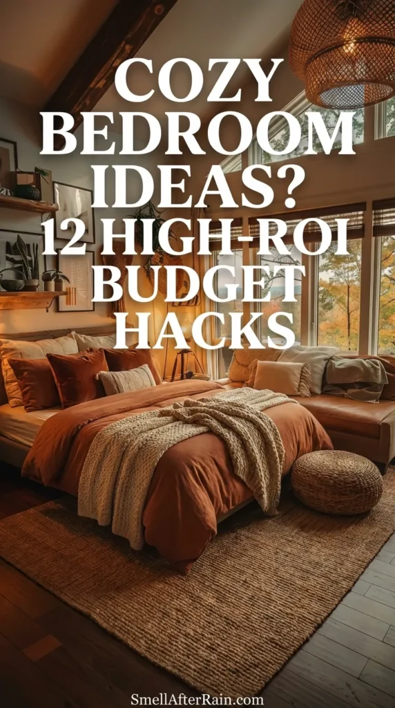 A sun-drenched, bohemian-style bedroom featuring a plush bed with layered knit throws, earth-toned pillows, and a large woven rug. The room includes hanging plants, a wicker pendant light, and large windows overlooking autumn foliage, perfectly illustrating Cozy Bedroom Ideas? 12 High-ROI Budget Hacks for creating a warm, inviting space.