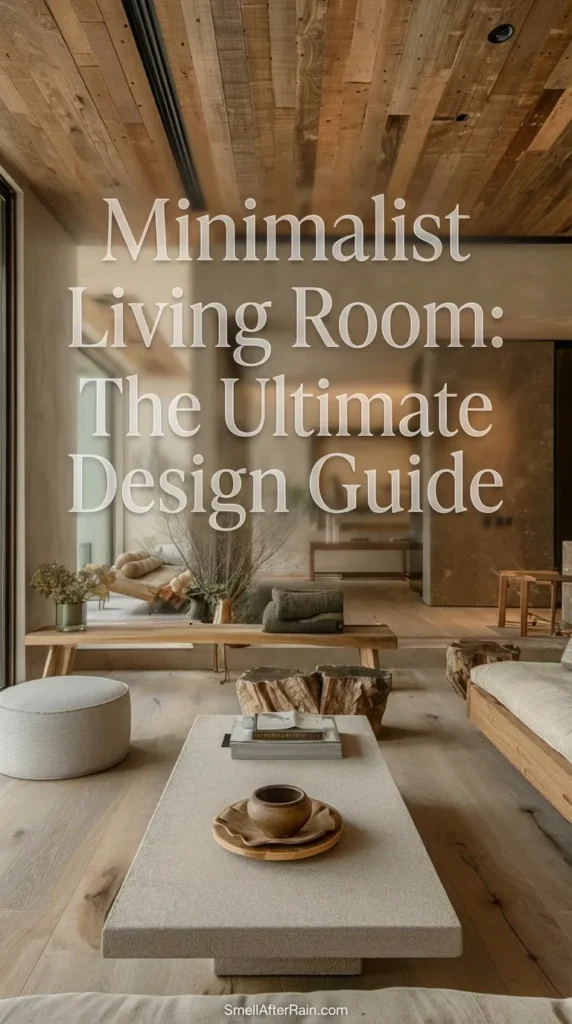 A warm, organic modern living area featuring a rustic wood plank ceiling and floor, textured beige walls, and floor-to-ceiling windows. A low-profile beige sofa sits opposite a sleek stone coffee table, accented by raw timber stumps and dried botanicals. This serves as visual inspiration for the Minimalist Living Room: The Ultimate Design Guide, showcasing how to blend Wabi-sabi aesthetics with luxury design.