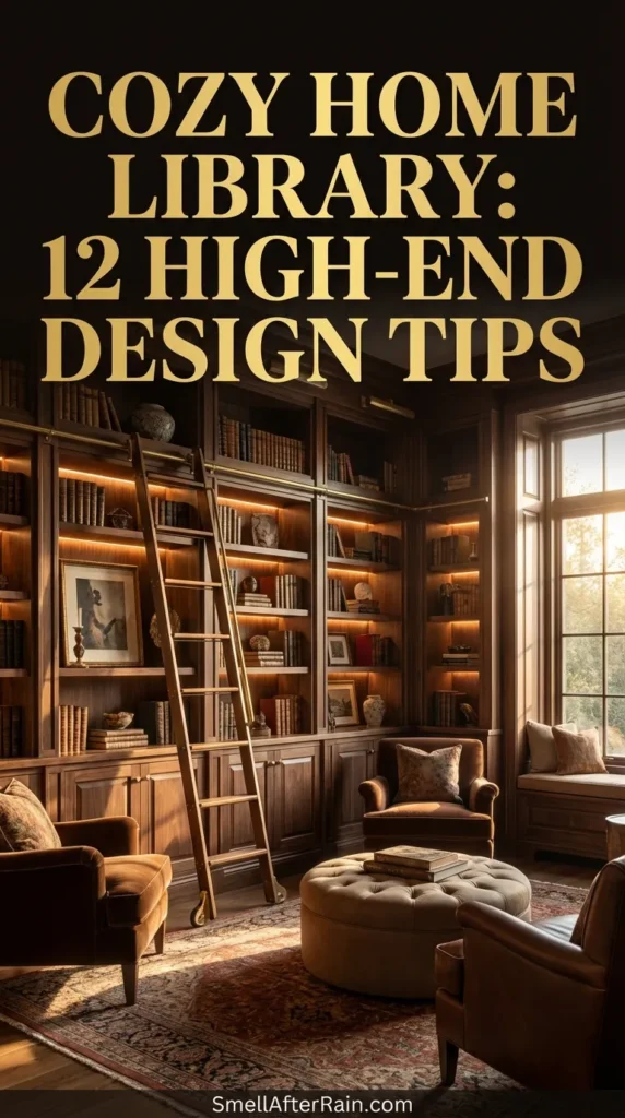 A warm living room featuring floor-to-ceiling white bookshelves filled with books, string lights, and cascading greenery. A beige sofa with brown velvet pillows and a knit blanket sits behind a wooden coffee table with a lit candle, illustrating a Cozy Home Library: 12 High-End Design Tips for a luxury aesthetic.