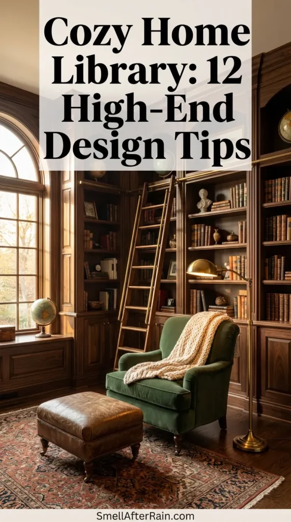 A cozy reading nook featuring floor-to-ceiling dark wooden bookshelves, a green velvet wingback chair with a knit throw, and a vintage desk by a sunny window. The room includes an oriental rug and potted plants, illustrating a Cozy Home Library: 12 High-End Design Tips for small spaces.