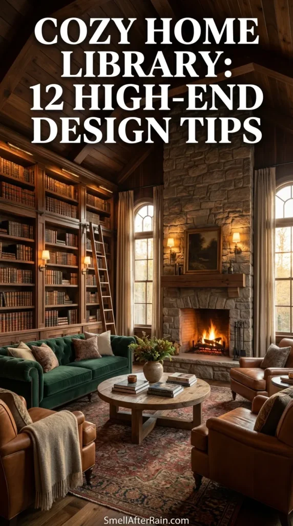 A beautifully designed room featuring a tall stone fireplace and floor-to-ceiling wooden bookshelves, representing the ideal Cozy Home Library: 12 High-End Design Tips. The space includes exposed wooden ceiling beams, a large vintage rug, a rust-colored sectional sofa, and a mustard armchair, creating a warm, inviting atmosphere with architectural symmetry and built-ins.
