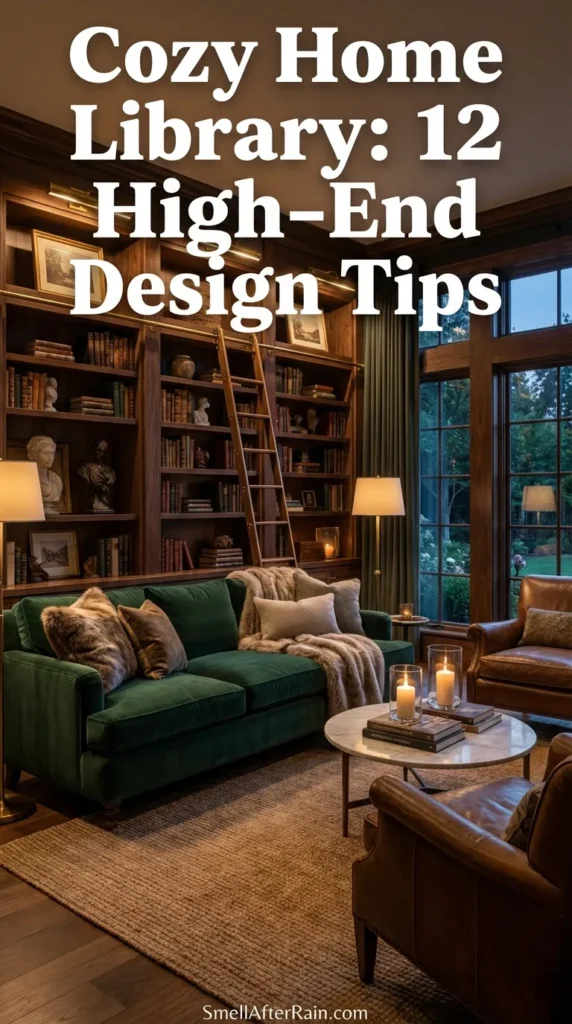 A moody and atmospheric reading corner illustrating a Cozy Home Library: 12 High-End Design Tips. The image features dark charcoal walls, floating wooden shelves stacked with books to the ceiling, and hanging plants. A plush grey chaise lounge is heavily layered with faux fur throws and pillows, illuminated by warm string lights, candles, and a wicker pendant lamp, creating a perfect example of textural layering and vertical space utilization.