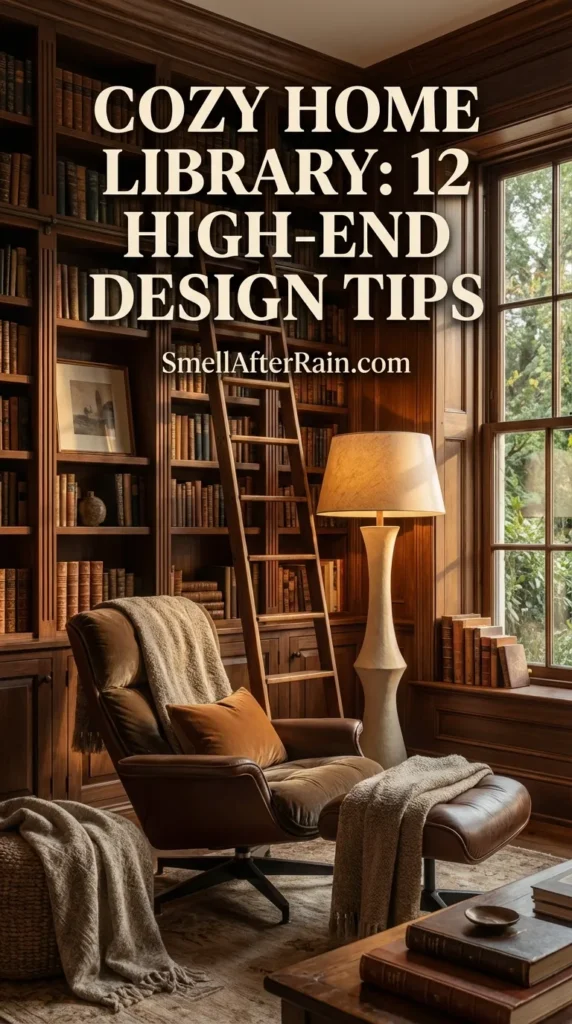 Interior view of a sophisticated study featuring floor-to-ceiling walnut bookshelves and a comfortable cream armchair with a rust-colored pillow. A large window illuminates the textured jute rug and framed artwork, illustrating a Cozy Home Library: 12 High-End Design Tips including shelf styling and furniture selection for a luxurious reading environment.