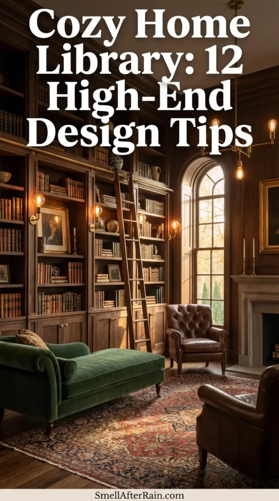 A warm and atmospheric room featuring floor-to-ceiling wooden bookshelves, illustrating a Cozy Home Library: 12 High-End Design Tips. Hanging warm-toned Edison bulbs dangle from the ceiling above plush dark grey and rust-orange bean bag seating. A vintage patterned rug anchors the space, while trailing plants add organic texture to the dark wood shelving. This scene captures the essence of luxury interior design, moody lighting, and architectural book storage.