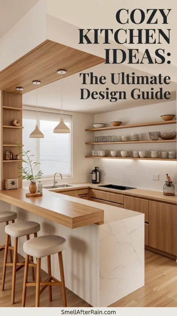 A warm and inviting kitchen featuring a light wood breakfast bar extension over a white island, illustrating Cozy Kitchen Ideas: The Ultimate Design Guide. The space includes open wooden shelving with stacked ceramics, warm pendant lighting, and a dropped wood ceiling detail. The color palette uses soft beige, creamy whites, and natural wood textures to create a serene, modern rustic atmosphere.