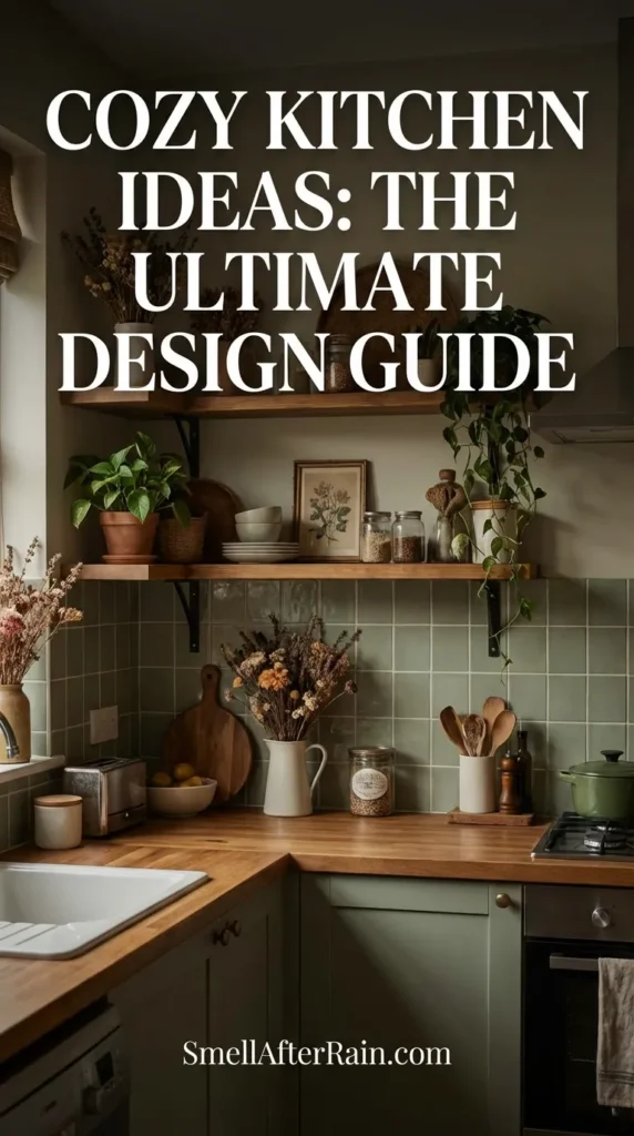 A warm, rustic kitchen featuring a sage green tile backsplash and live-edge wooden open shelving filled with plants and vintage jars. The scene illustrates Cozy Kitchen Ideas: The Ultimate Design Guide with a white farmhouse sink, butcher block countertops, hanging wire baskets, and dried flowers that add texture and character to the space.