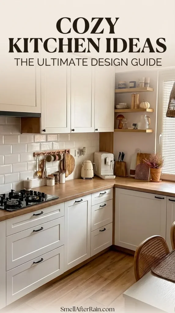 A warm and inviting kitchen interior featuring off-white shaker cabinets paired with butcher block countertops and a classic white subway tile backsplash. Open wooden shelving displays ceramic jars and glassware above a cozy coffee station. A large wicker pendant light illuminates a dining nook with woven chairs, perfectly illustrating Cozy Kitchen Ideas: The Ultimate Design Guide and the use of natural textures.