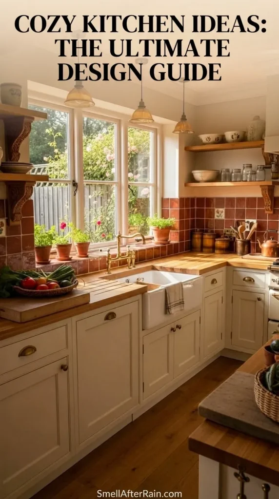 A sun-drenched rustic kitchen featuring a white farmhouse sink, warm butcher block countertops, and a terracotta tile backsplash. The space illustrates Cozy Kitchen Ideas: The Ultimate Design Guide with a vintage brass bridge faucet, hanging pendant lights, and open shelving filled with ceramics. Potted herbs sit on the windowsill bathing in golden light, demonstrating warm textures and biophilic design.