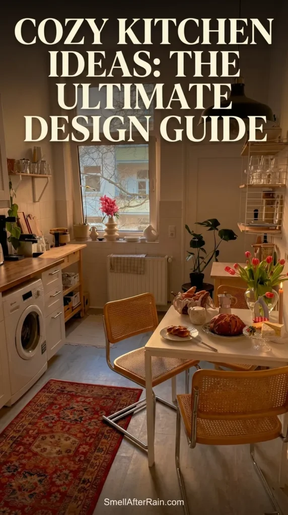 A warm, intimate kitchen scene featuring a white dining table with vintage cane chairs, fresh pink tulips, and a spread of pastries. A red Persian-style rug lies on the floor near a washing machine integrated into wooden cabinetry. Soft light flows from a black pendant lamp. This image exemplifies Cozy Kitchen Ideas: The Ultimate Design Guide by demonstrating how to use textiles, warm lighting, and natural materials to create a welcoming environment in a compact space.