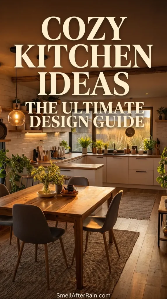 A warm, sunlit kitchen and dining area featuring a rustic wooden table and modern grey chairs. The space illustrates Cozy Kitchen Ideas: The Ultimate Design Guide with exposed wooden ceiling beams, hanging black pendant lights, and a large window framing a scenic view of tall grasses. Potted plants, open shelving with white ceramics, and soft earthy tones create a serene, hygge-inspired atmosphere perfect for family gatherings.