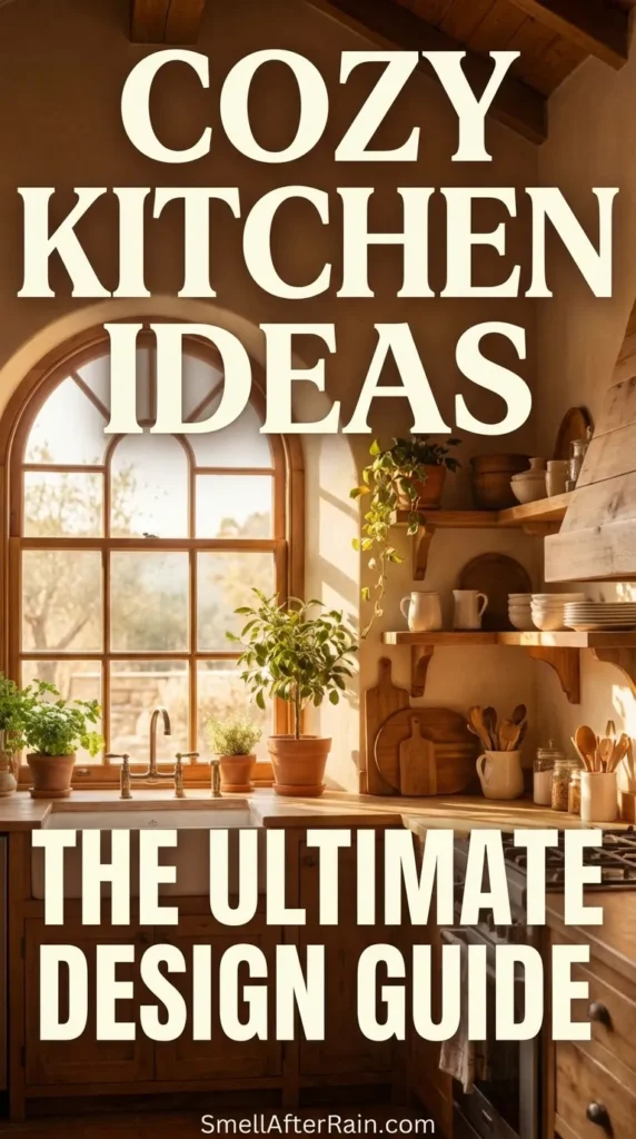A sun-filled rustic kitchen featuring large arched windows and lush hanging plants, illustrating Cozy Kitchen Ideas: The Ultimate Design Guide. Sunlight streams onto a wooden dining table and open shelving lined with ceramics, while amber pendant lights add warmth. The space combines cottagecore elements with earthy tones and natural textures.