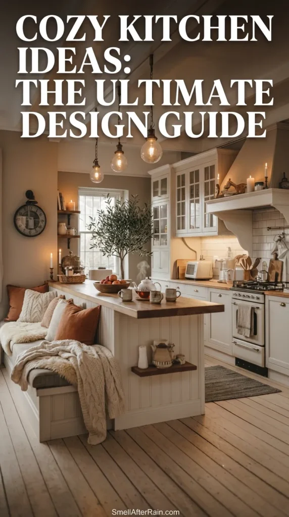 A warm and inviting kitchen interior featuring a rustic wooden island with built-in banquette seating and beige throw pillows. Three industrial glass pendant lights hang from a ceiling with exposed white beams, illuminating light wood flooring. White shaker cabinets with glass fronts and a vintage wall clock complete the aesthetic. Perfect inspiration for Cozy Kitchen Ideas: The Ultimate Design Guide, focusing on neutral color palettes, layered lighting, and textured wood elements.