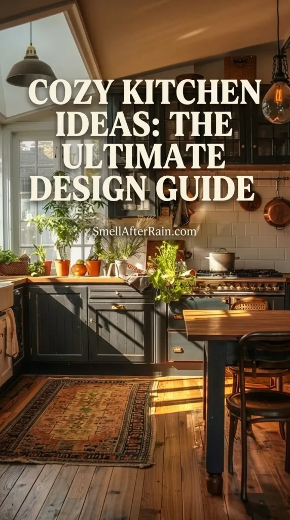 A warm, sunlit kitchen and dining area featuring a rustic wooden table and modern grey chairs. The space illustrates Cozy Kitchen Ideas: The Ultimate Design Guide with exposed wooden ceiling beams, hanging black pendant lights, and a large window framing a scenic view of tall grasses. Potted plants, open shelving with white ceramics, and soft earthy tones create a serene, hygge-inspired atmosphere perfect for family gatherings.
