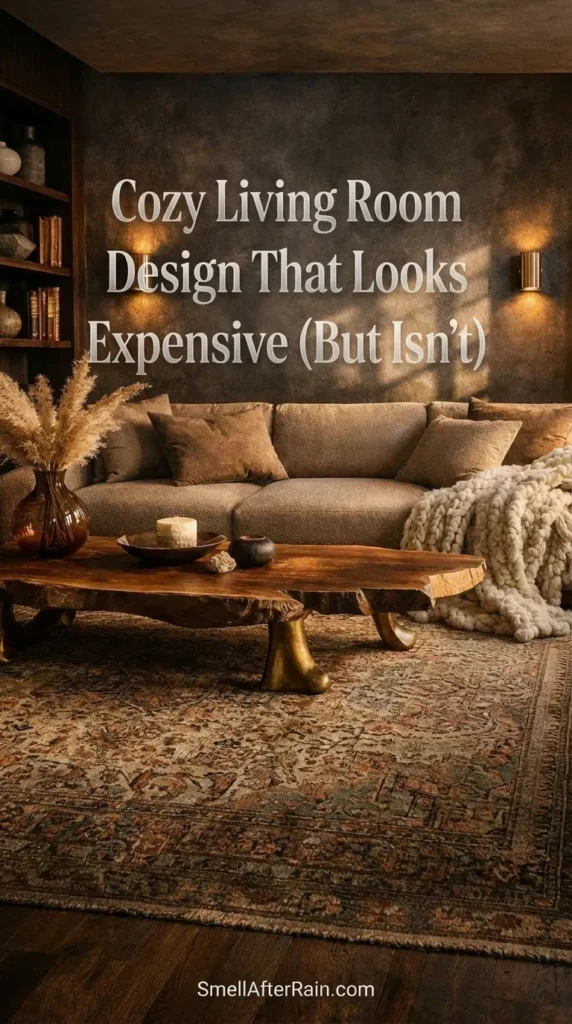A warm, moody living room featuring a textured dark wall, soft amber sconce lighting, and a plush tan sofa with a chunky knit throw. A rustic live-edge coffee table with pampas grass completes the Cozy Living Room Design That Looks Expensive (But Isn't). Text overlay reads 30 Stunning Living Rooms.