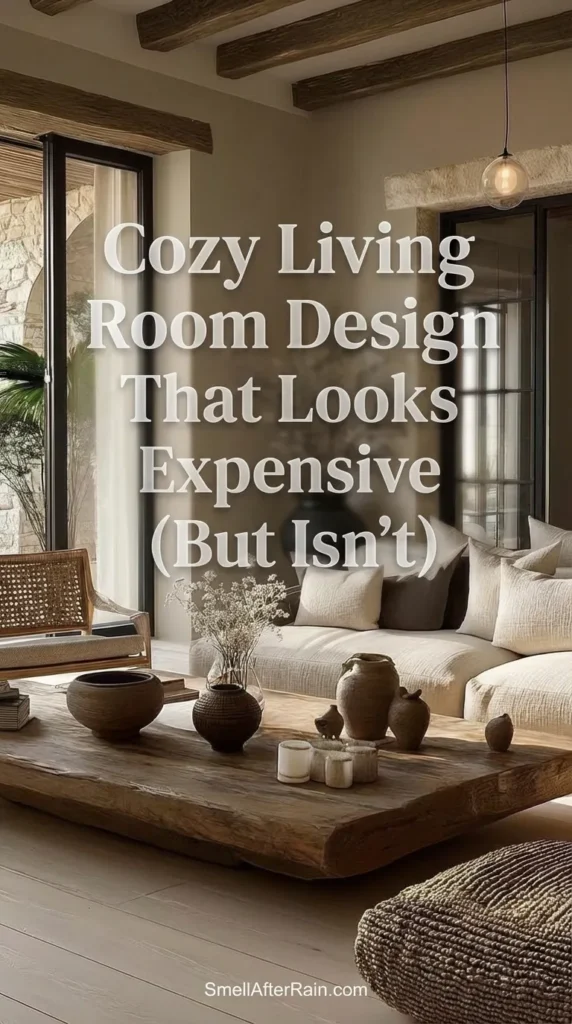 A stunning example of a Cozy Living Room Design That Looks Expensive (But Isn't), featuring a low-profile cream sectional sofa and a massive raw-edge wooden coffee table. The space utilizes wabi-sabi aesthetics with textured stone walls, exposed wooden ceiling beams, and floor-to-ceiling windows. Earthy neutral tones, ceramic pottery, and dried botanical arrangements complete the high-end rustic look.