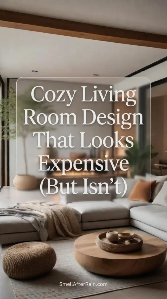 A serene, modern living area featuring a large grey sectional sofa, round wooden coffee table, and a linear fireplace set against concrete textured walls. The space exemplifies a Cozy Living Room Design That Looks Expensive (But Isn't) by utilizing warm lighting, woven accents, and a large indoor tree to create an organic, high-end feel.