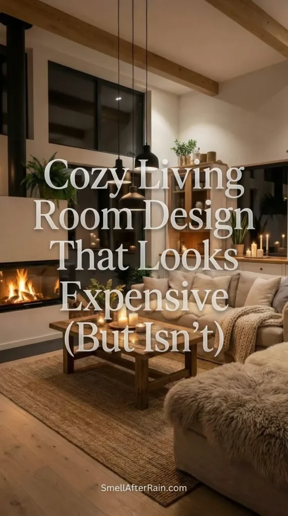 A warm, modern rustic interior featuring a fireplace, beige sofas with sheepskin throws, and a wooden coffee table. This Cozy Living Room Design That Looks Expensive (But Isn't) showcases how to use texture and candlelight to elevate a budget-friendly space.