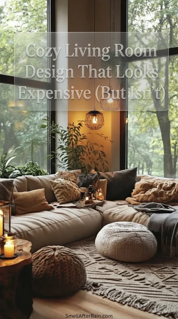 A warm, inviting living space featuring a beige sectional sofa with textured throw pillows, knit poufs, and hanging wire pendant lights against large windows with a forest view, illustrating a Cozy Living Room Design That Looks Expensive (But Isn't) through layered textiles and warm lighting.