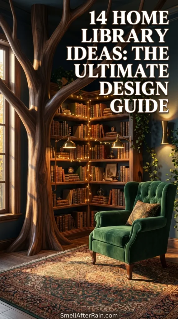 A magical reading corner featuring a custom tree-shaped bookshelf wrapped in warm fairy lights, illustrating 14 Home Library Ideas: The Ultimate Design Guide. The wooden shelves are filled with books, accompanied by a small wooden stool and a round rug with mushroom and leaf patterns, creating a cozy forest atmosphere.
