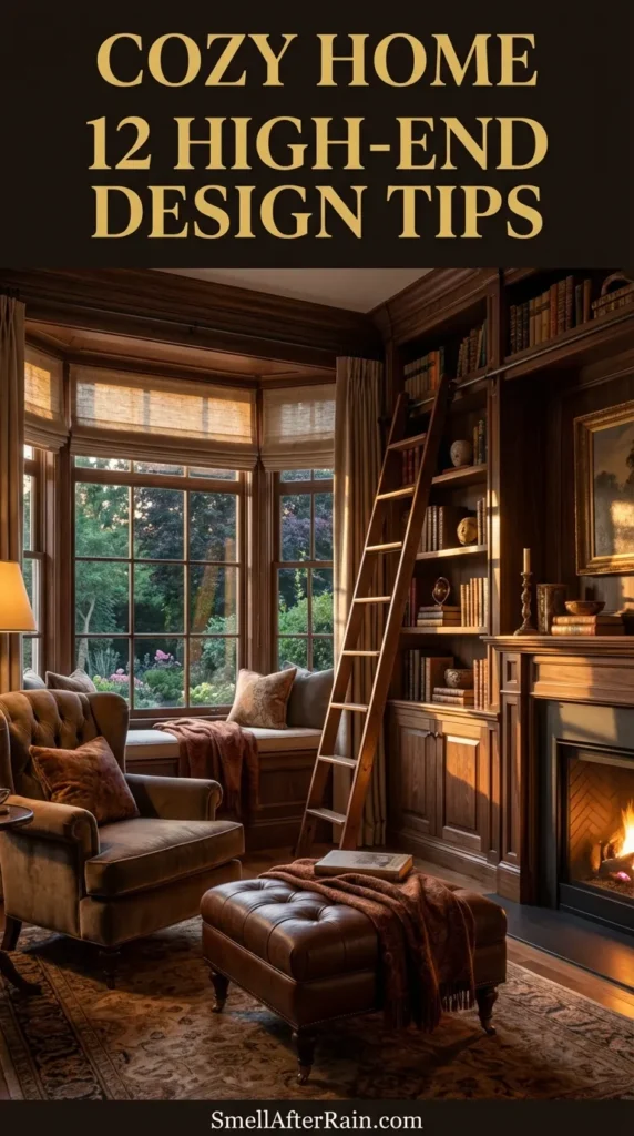 A warm and inviting interior featuring a floor-to-ceiling wooden bookshelf, a cozy window seat with plush cushions, and a rustic round coffee table with a candle. The space illustrates a Cozy Home Library: 12 High-End Design Tips, featuring warm lighting, indoor plants, and a view of nature through a large window.
