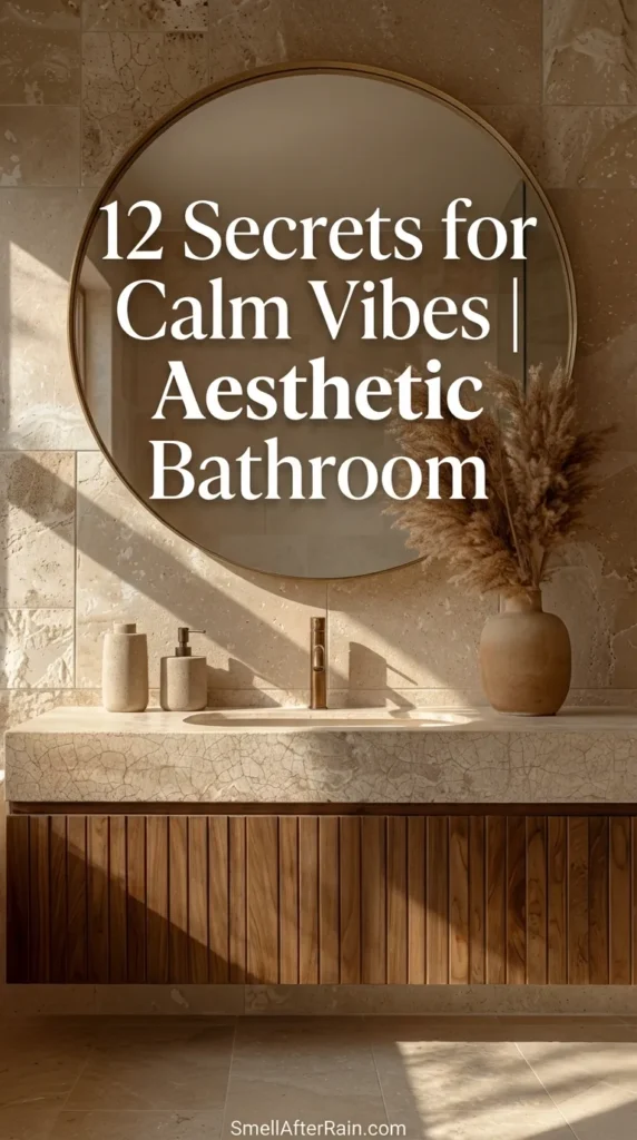 A sun-drenched bathroom featuring beige stone tiles, a fluted wood vanity, and a large mirror reflecting calm energy, perfectly depicting our 12 Secrets for Calm Vibes | Aesthetic Bathroom. Soft shadows and pampas grass add to the cozy sanctuary atmosphere.