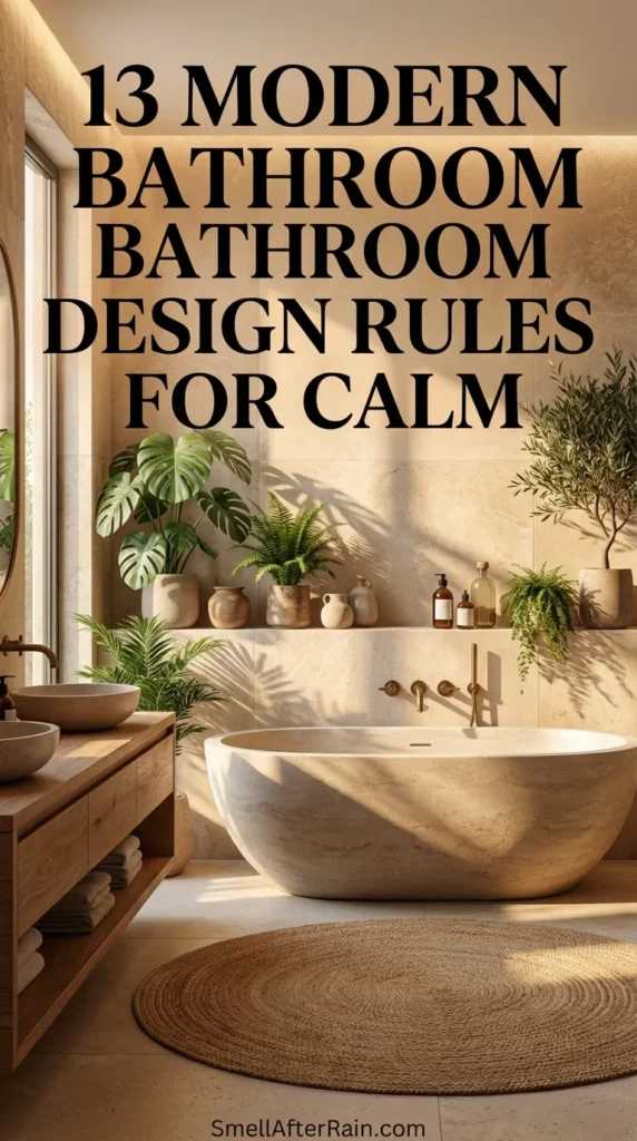 A serene, spa-like bathroom interior featuring warm beige tiles and natural wood textures. Floating wooden shelves display potted greenery and glass jars, illustrating biophilic design. A white freestanding soaking tub sits beneath soft lighting, next to a tall indoor plant and a round jute rug. This setup perfectly exemplifies the 13 Modern Bathroom Design Rules for Calm by combining acoustic softening textures with a calming monochromatic palette.
