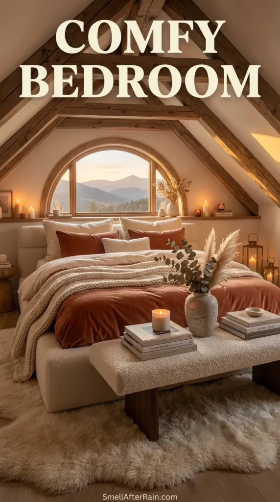 A warm and inviting attic bedroom featuring exposed wooden beams and a slanted ceiling. The bed is styled with red and white striped linens and a textured throw blanket, creating a Comfy Bedroom aesthetic. A woven bench at the foot of the bed holds a lit candle, books, and greenery, while soft ambient light fills the cozy space.
