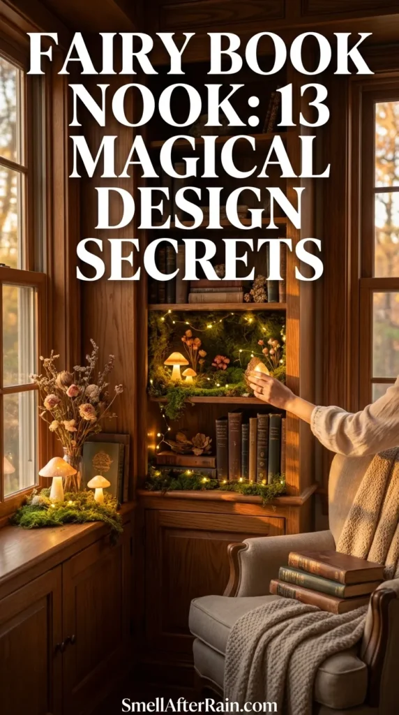 A cozy, enchanting reading corner filled with plush velvet cushions, hanging ivy, and warm string lights. The space exemplifies a Fairy Book Nook: 13 Magical Design Secrets, showcasing a miniature bookshelf insert, ergonomic seating, and mystical decor elements that create a safe, enclosed atmosphere for reading.