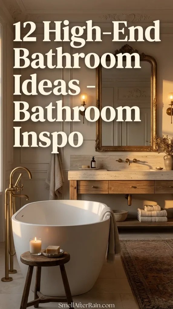 Close up of a luxury organic bathroom vanity with a beige stone vessel sink and wall mounted brass taps. Woven storage baskets sit on the lower shelf holding rolled white towels. A wooden stool holds candles and bath brushes near a freestanding tub. The space features textured lime wash walls and a wicker pendant light. Perfect example of 12 High-End Bathroom Ideas - Bathroom Inspo and spa style decor.