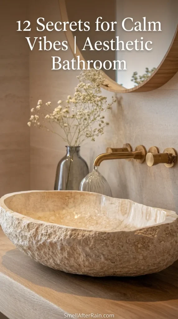 Close-up of a textured natural stone vessel sink with brass wall-mounted faucets, illustrating 12 Secrets for Calm Vibes | Aesthetic Bathroom. A grey glass vase with dried white flowers and a round wooden mirror add to the warm, organic atmosphere of this spa-like sanctuary.