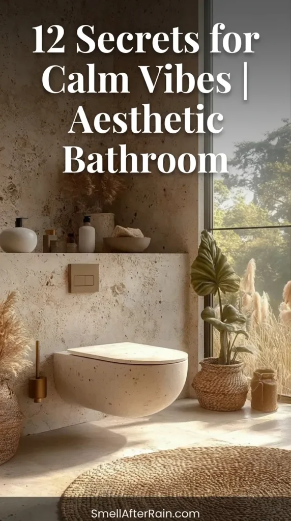 A minimalist, earthy bathroom featuring textured beige stone walls, a floating stone toilet, and woven baskets with dried pampas grass. Large windows overlook nature, illustrating the 12 Secrets for Calm Vibes | Aesthetic Bathroom. The design focuses on natural light and organic materials to create a cozy, psychologist-approved sanctuary.