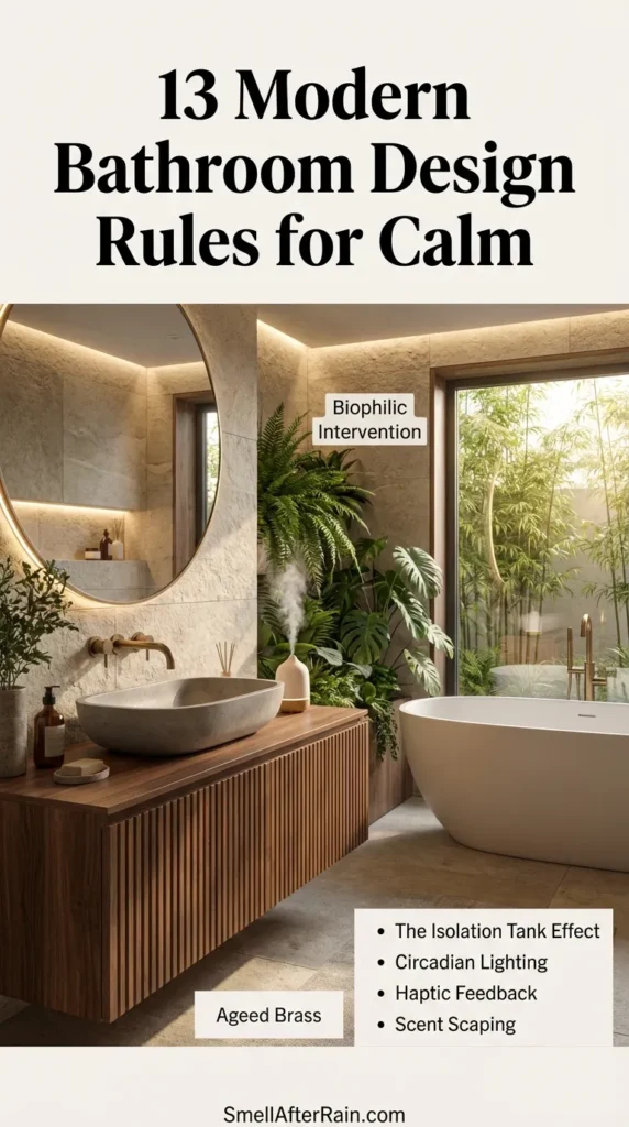 A warm, monochromatic modern bathroom interior featuring a floating wood vanity, white vessel sink, and soft ambient lighting. The design exemplifies 13 Modern Bathroom Design Rules for Calm with biophilic touches like indoor plants and textured woven decor. A backlit mirror and neutral stone tiles create a serene, spa-like atmosphere focused on wellness and relaxation.