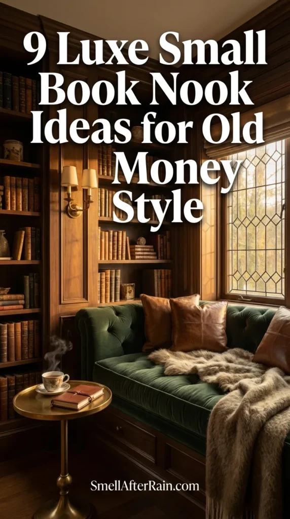 A sophisticated built-in reading corner featuring dark walnut millwork and a tufted green velvet bench. The space illustrates one of the 9 Luxe Small Book Nook Ideas for Old Money Style, showcasing brass sconce lighting and floor-to-ceiling shelves filled with leather-bound books. Perfect inspiration for converting a closet or bay window into a classic home library.