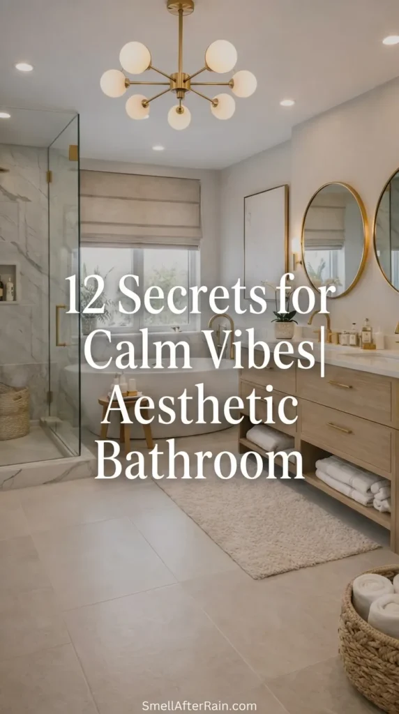 A serene, modern bathroom featuring a light wood double vanity with gold faucets and round mirrors. To the left is a glass-enclosed shower with marble tiling, and in the center sits a deep freestanding bathtub under a window. A gold sputnik-style chandelier hangs from the ceiling. Ideally styled to represent 12 Secrets for Calm Vibes | Aesthetic Bathroom inspiration.