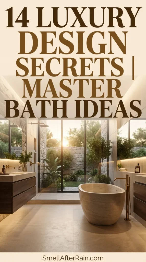 Stunning white marble bathroom interior featuring a deep freestanding soaking tub, warm neutral tones, and gold mixed metal hardware. The design showcases 14 Luxury Design Secrets | Master Bath Ideas including a glass-enclosed wet room, radiant floor heating, and a modern floating vanity for a spa-like retreat.