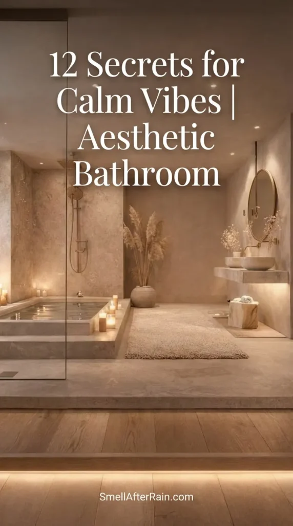 A serene, minimalist bathroom featuring a beige stone sunken bathtub surrounded by glowing candles and soft mood lighting. The space includes a glass shower partition, a floating stone vanity with a round mirror, and a vase of dried pampas grass. This spa-like interior illustrates the 12 Secrets for Calm Vibes | Aesthetic Bathroom design, showcasing warm wood flooring and neutral textures for a relaxing atmosphere.