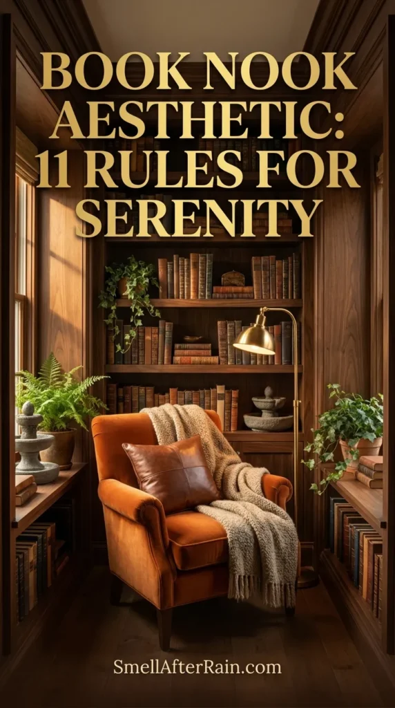 A cozy, moody reading corner featuring floor-to-ceiling dark green bookshelves and a plush rust-colored velvet armchair. A warm brass lamp illuminates the vintage rug and framed botanical prints, creating an inviting atmosphere. This design exemplifies the Book Nook Aesthetic: 11 Rules for Serenity, focusing on enclosed comfort, warm lighting, and rich textures for a peaceful home library experience.