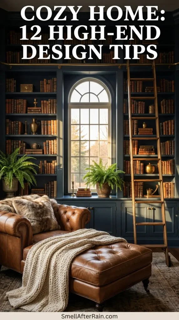 A luxurious study featuring floor-to-ceiling dark shelving and a wooden rolling ladder, illustrating a Cozy Home Library: 12 High-End Design Tips. A tufted leather chaise lounge with a fur throw sits near an arched window letting in natural light, showcasing dark millwork and vintage rugs.